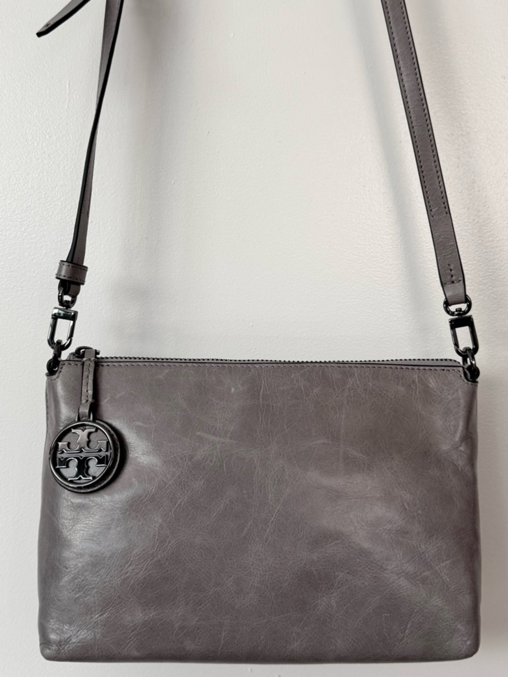 Tory Burch Charcoal Gray Leather Crossbody with Logo Charm